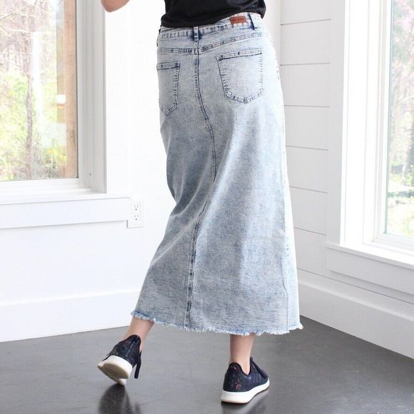 NWT Be-Girl Long Modest Acid Jean Skirt Sz Medium Sand Blush Maxi Stretch Denim - Picture 3 of 14